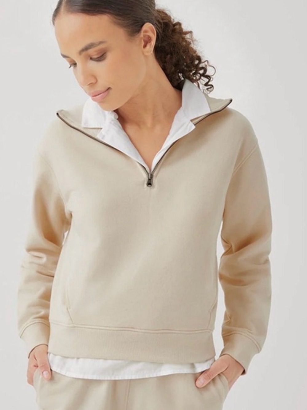Pact Organic Quarter-Zip Pullover in Beige